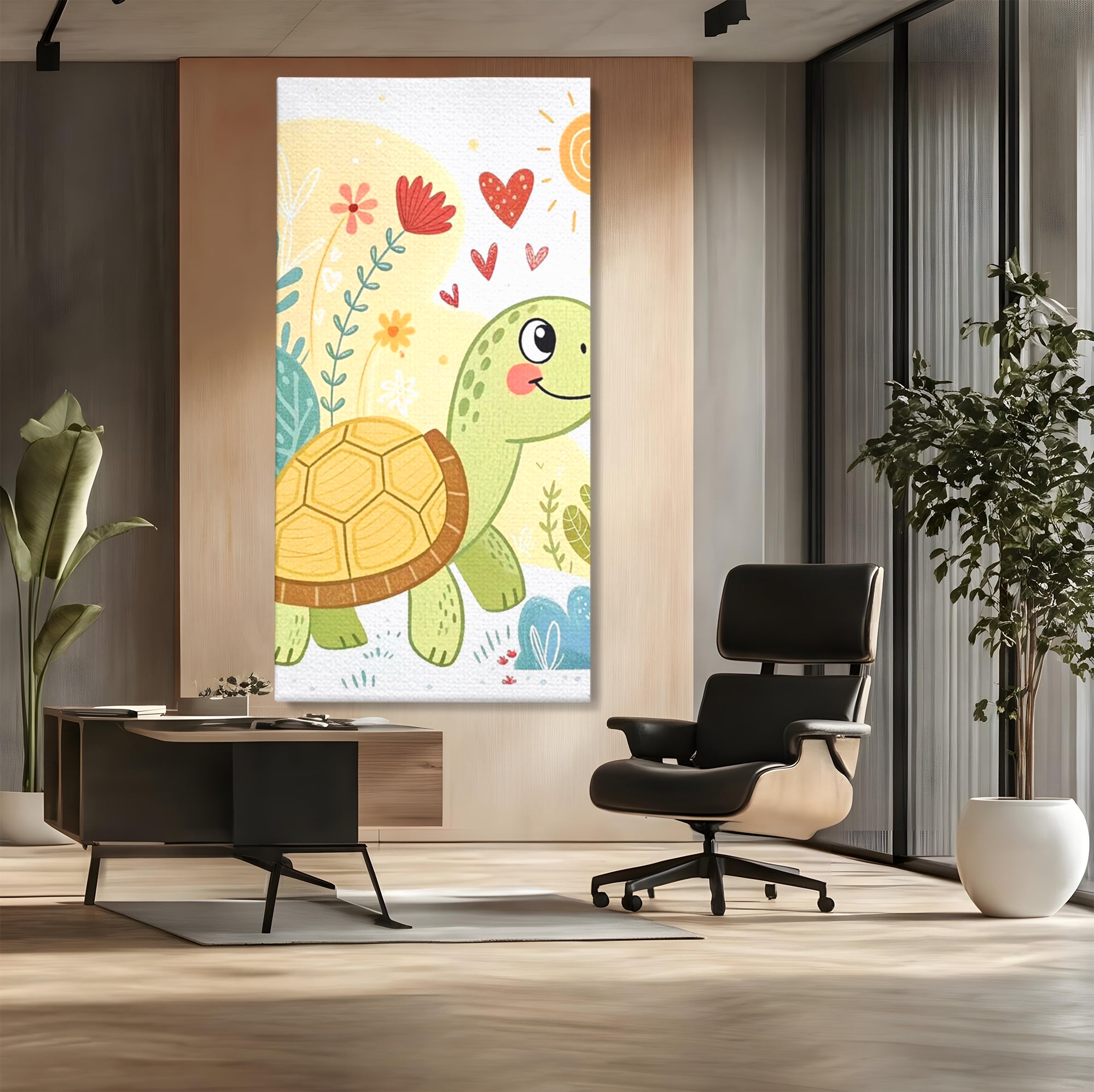 Tablou canvas cu ilustratie cu testoasa vesela printre flori, fara rama, pe sasiu de lemn, pe perete intr-un birou